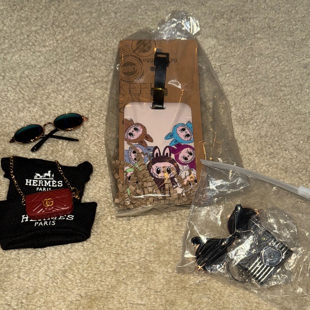 Labubu luggage tag and Labubu clothes/accessories